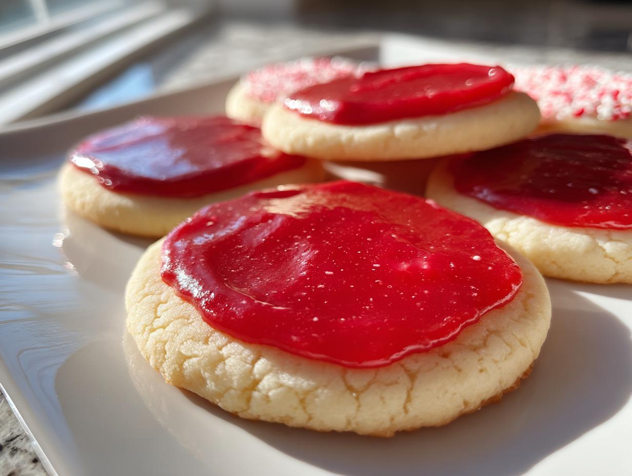 Close-up of soft sugar cookies topped with vibrant, glossy red sugar cookie icing recipe glaze.