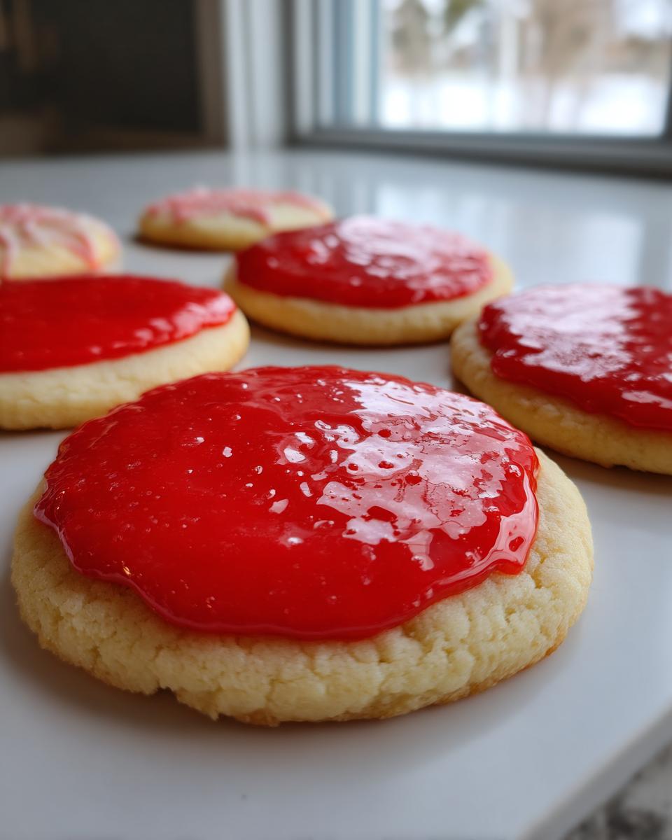 Close-up of a soft sugar cookie topped with vibrant, glossy red sugar cookie icing.