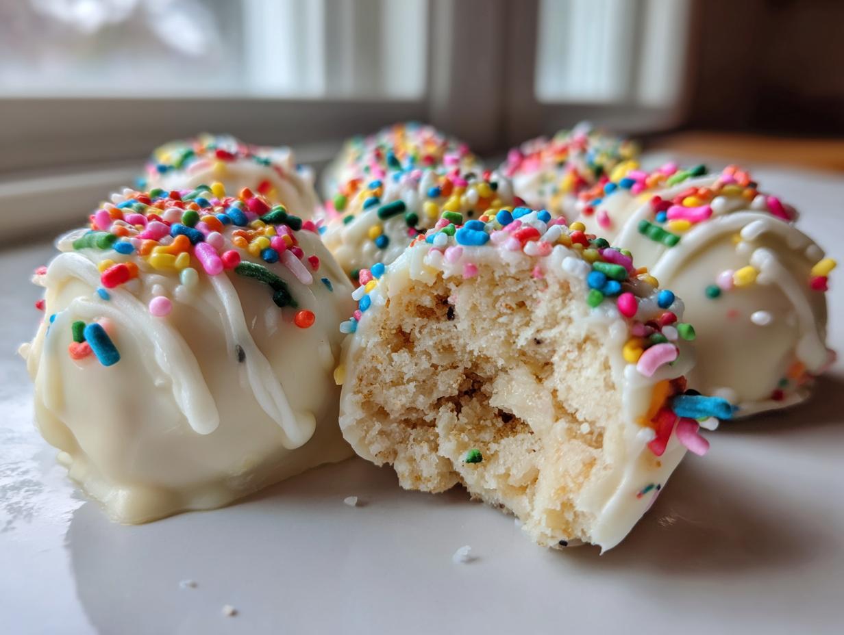A close-up of several delicious sugar cookie truffles dipped in white chocolate and covered in rainbow sprinkles, one is cut open.
