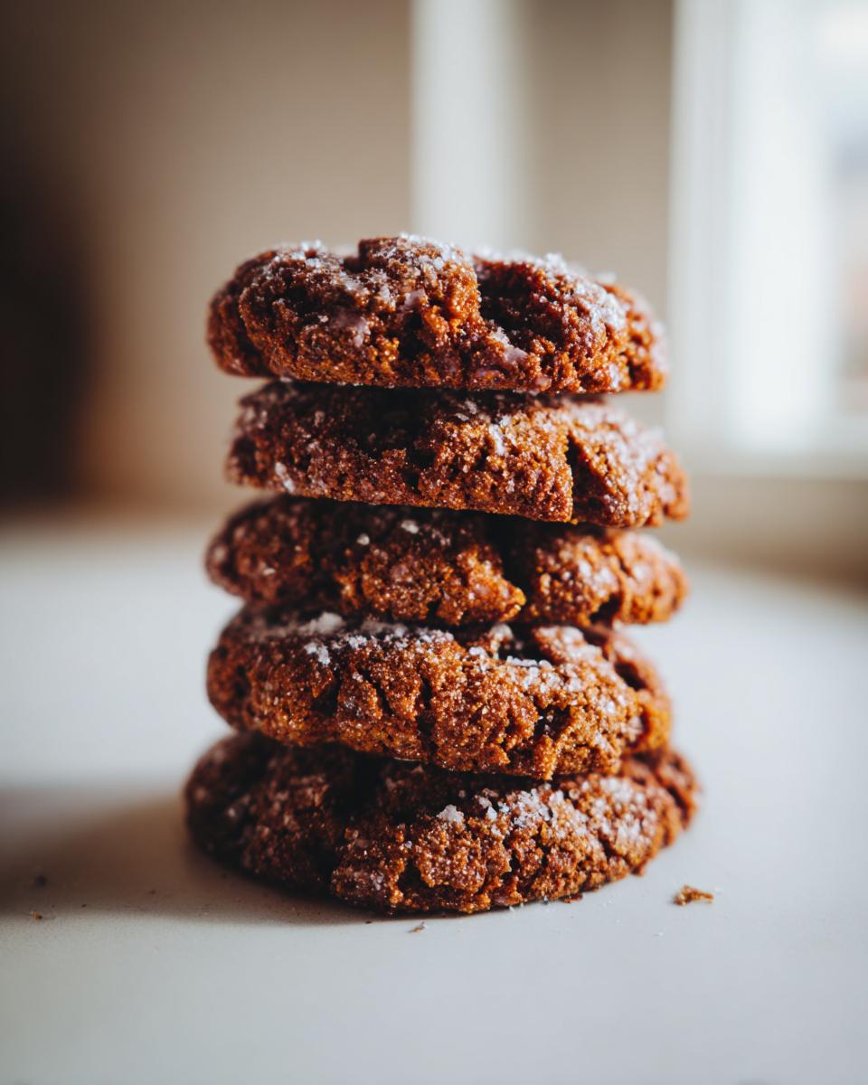 A vertical stack of four dark, richly colored persimmon cookies dusted with coarse sugar.