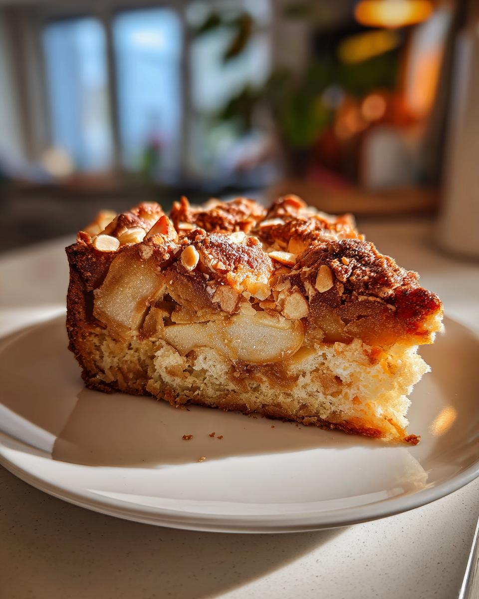 A close-up slice of moist swedish apple cake topped with caramelized apples and sliced almonds on a white plate.