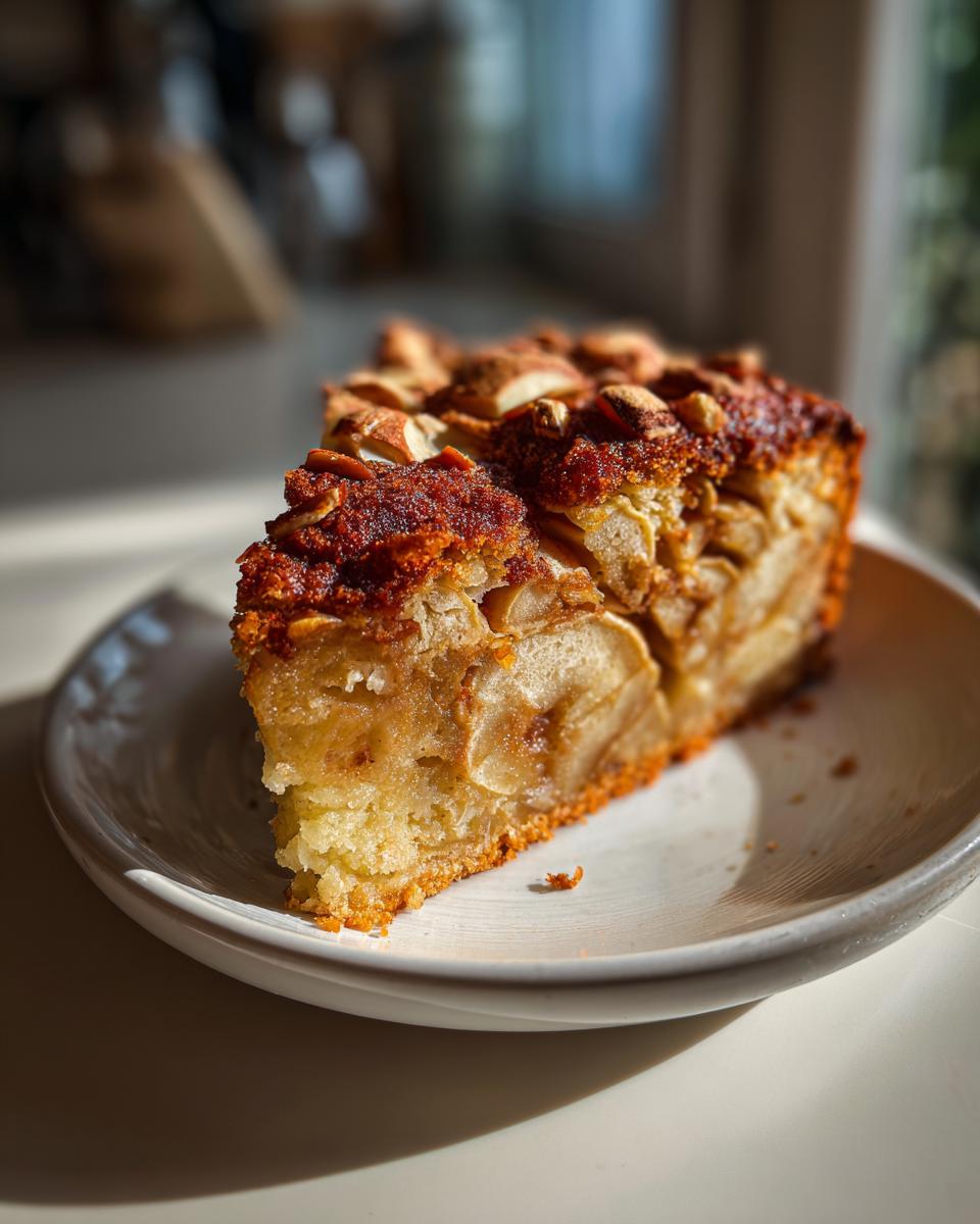 A thick slice of amazing swedish apple cake, rich with baked apples and topped with almonds, sitting on a small white plate.