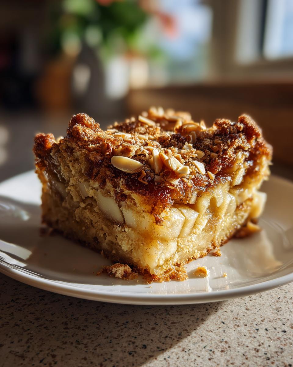 A close-up of a moist slice of swedish apple cake, featuring visible apple chunks and a crunchy, almond-sprinkled topping.