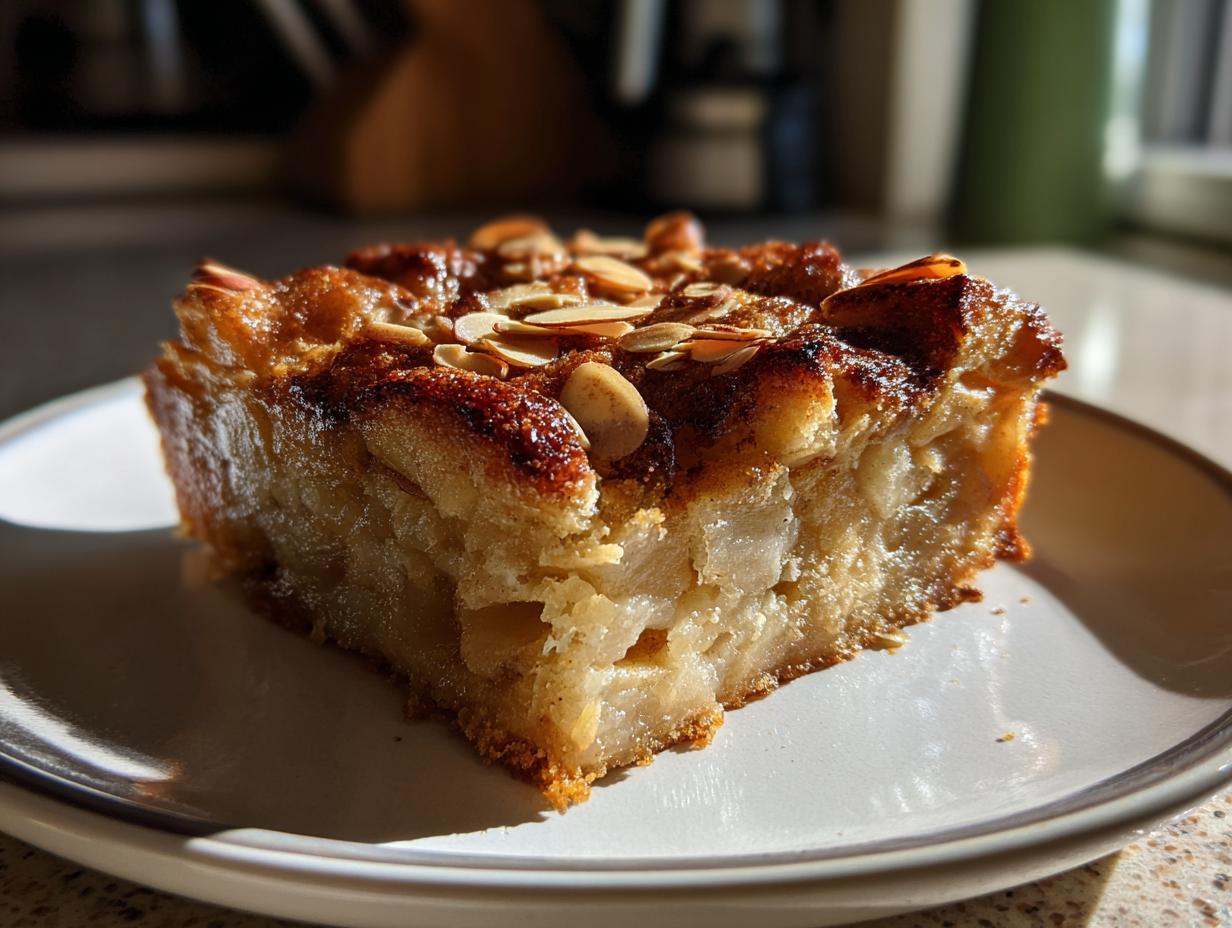 A close-up slice of moist swedish apple cake, loaded with apples and topped with toasted almonds.