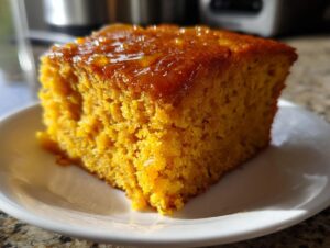 Close-up of a square slice of bright orange sweet potato cornbread drizzled with a shiny glaze.