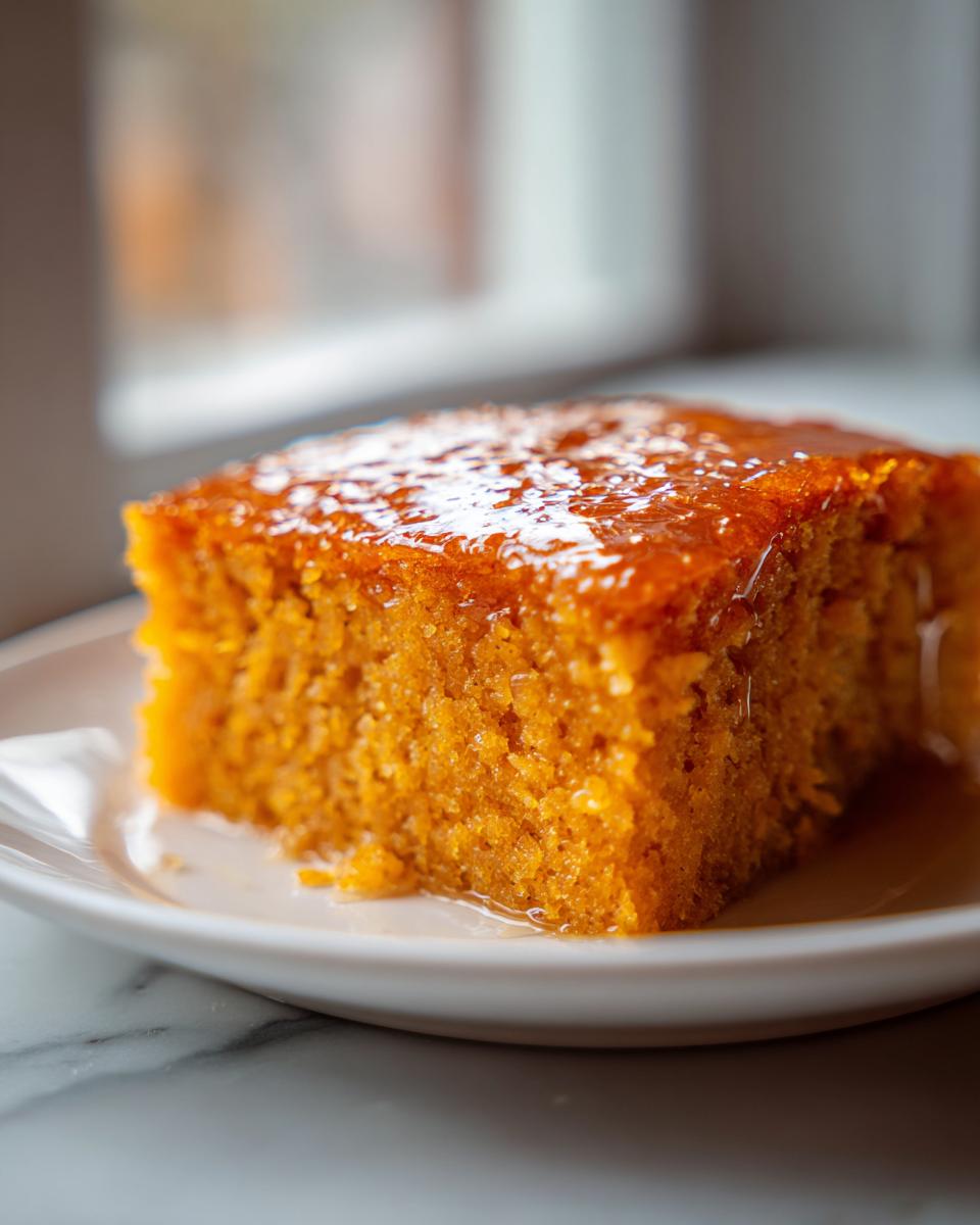 Close-up of a square slice of bright orange sweet potato cornbread topped with a shiny, dripping glaze.