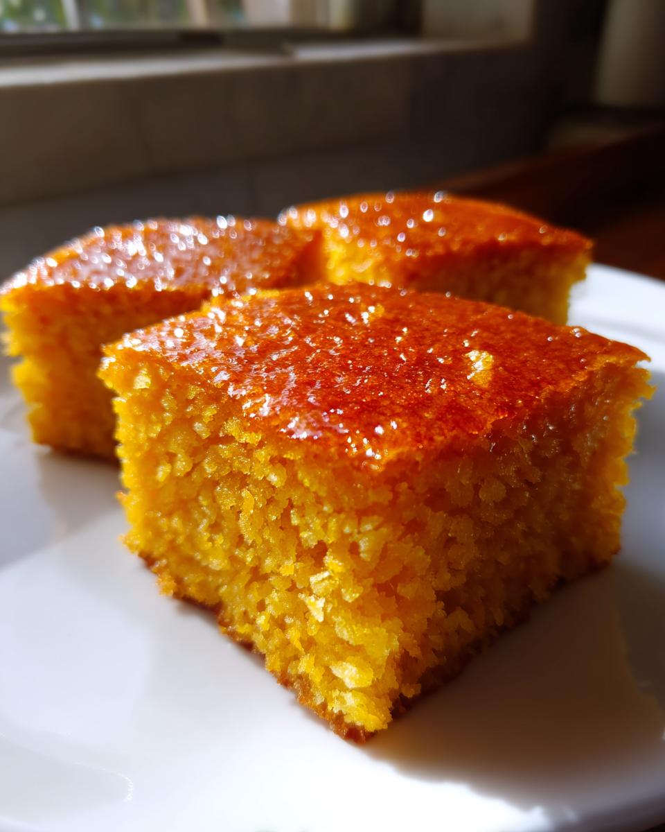 Three square slices of vibrant orange sweet potato cornbread, glistening with a sugary glaze, served on a white plate.