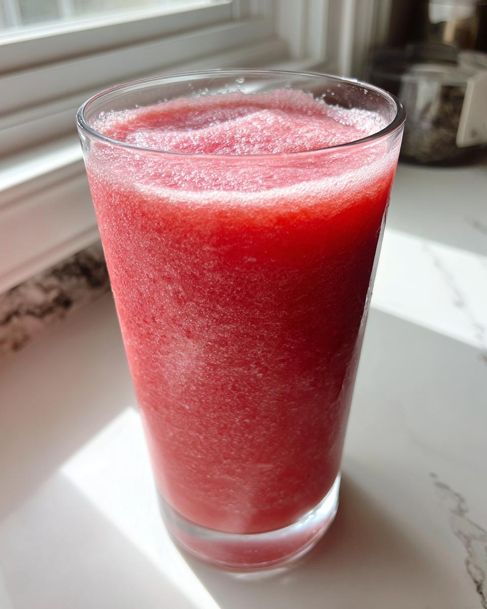 A tall glass filled with a vibrant, icy watermelon smoothie sitting on a white countertop near a window.