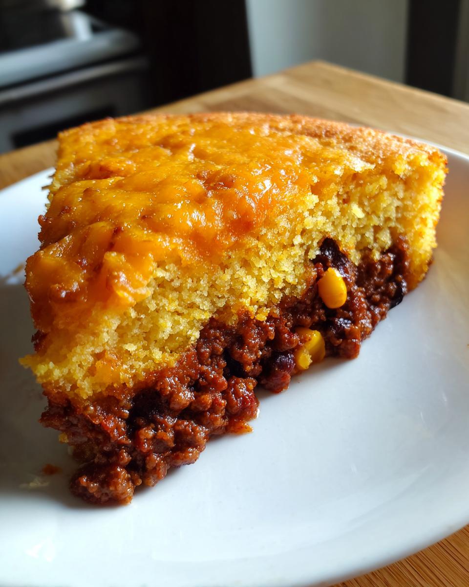 A thick slice of tamale pie showing a rich, meaty bottom layer and a golden cornbread top layer covered in melted cheese.