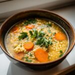 Close-up of a bowl of warm penicillin soup featuring small pasta pearls, bright orange carrot slices, and fresh parsley.