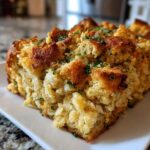 A close-up, tasty shot of a golden brown slice of homemade stuffing topped with fresh parsley.