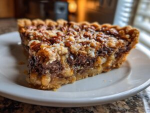 A close-up slice of rich texas trash pie showing a gooey chocolate center and a crunchy pecan/coconut topping.