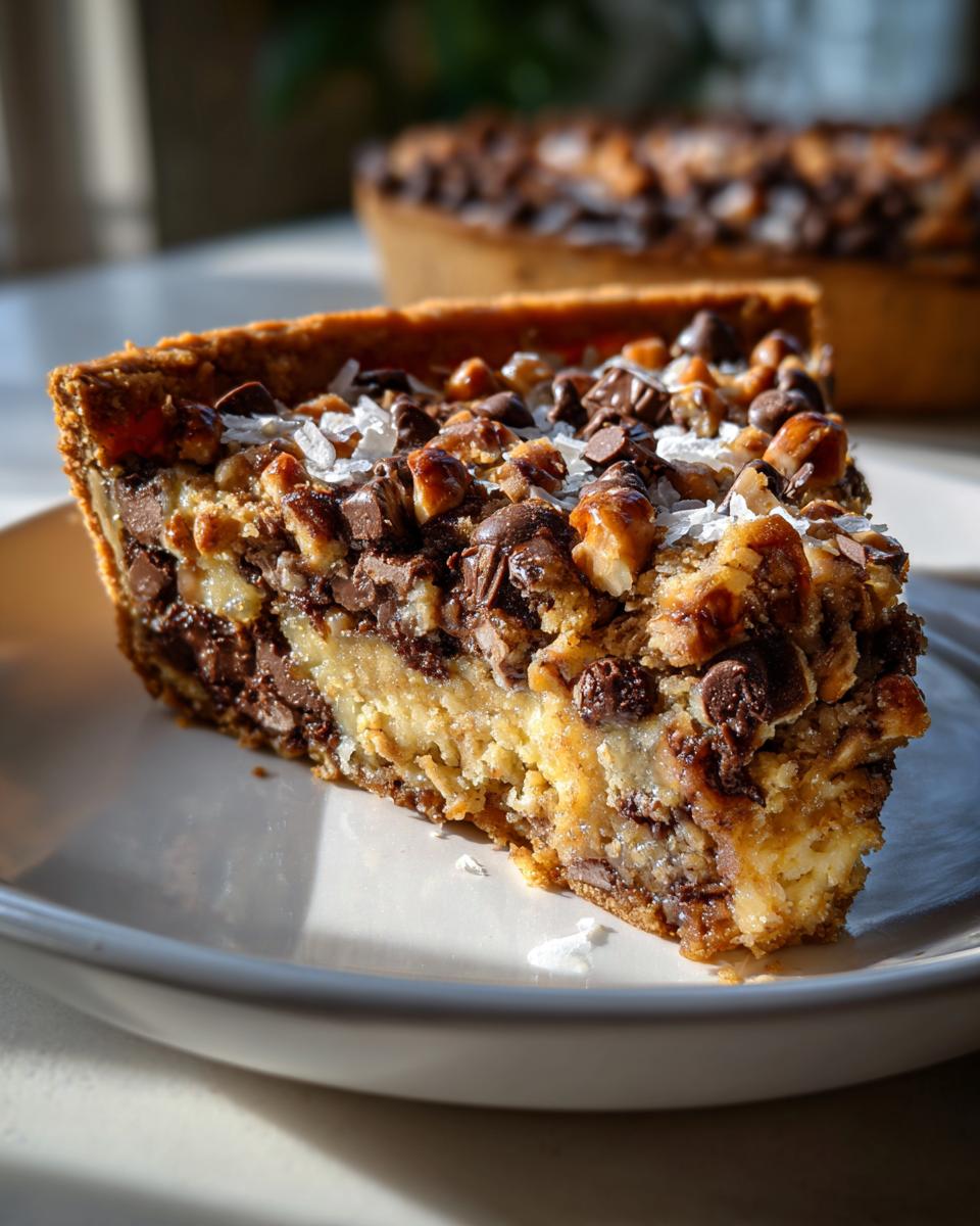 Close-up of a rich slice of texas trash pie showing layers of filling, chocolate chips, nuts, and coconut flakes.