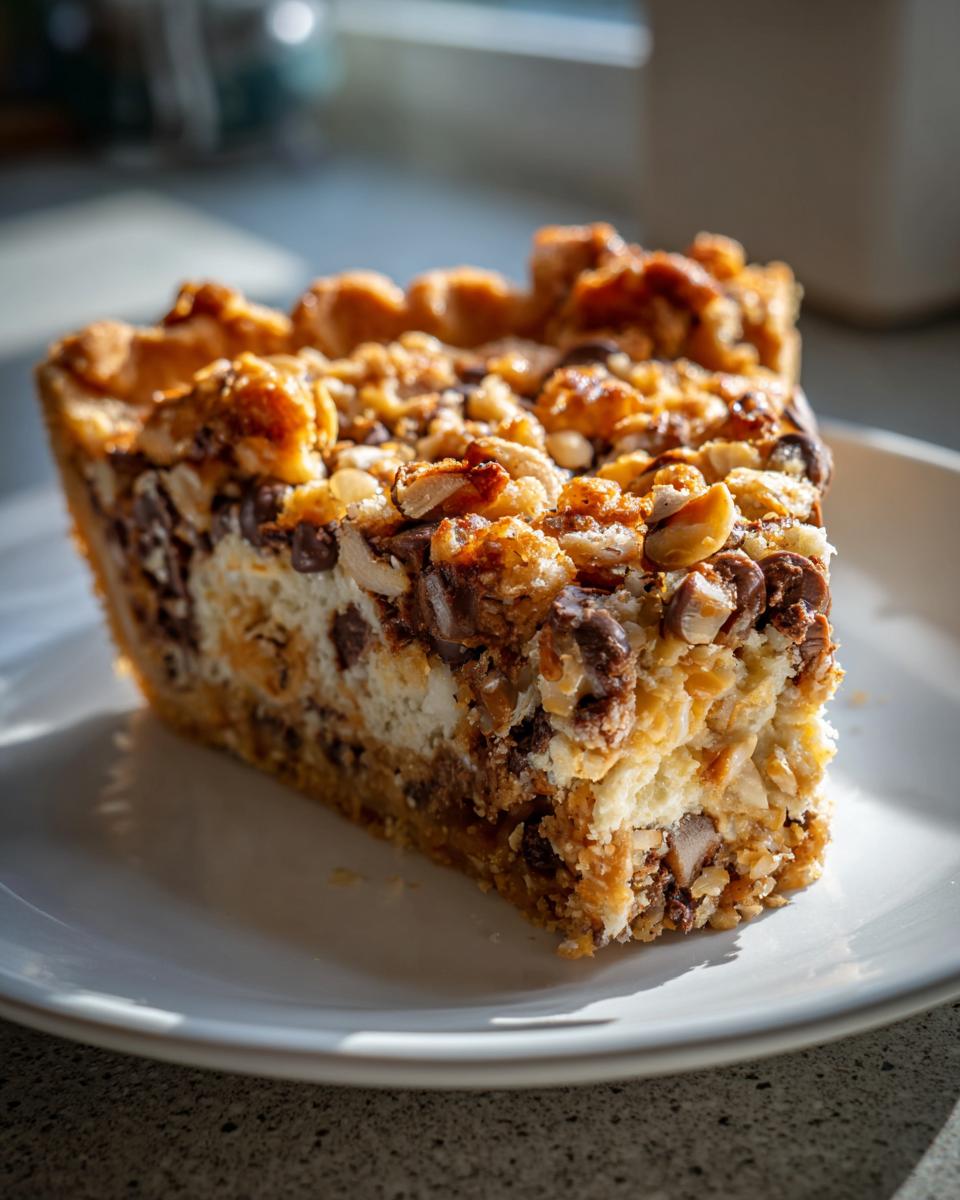 A close-up slice of rich texas trash pie featuring a creamy filling, chocolate chips, and a crunchy nut topping.