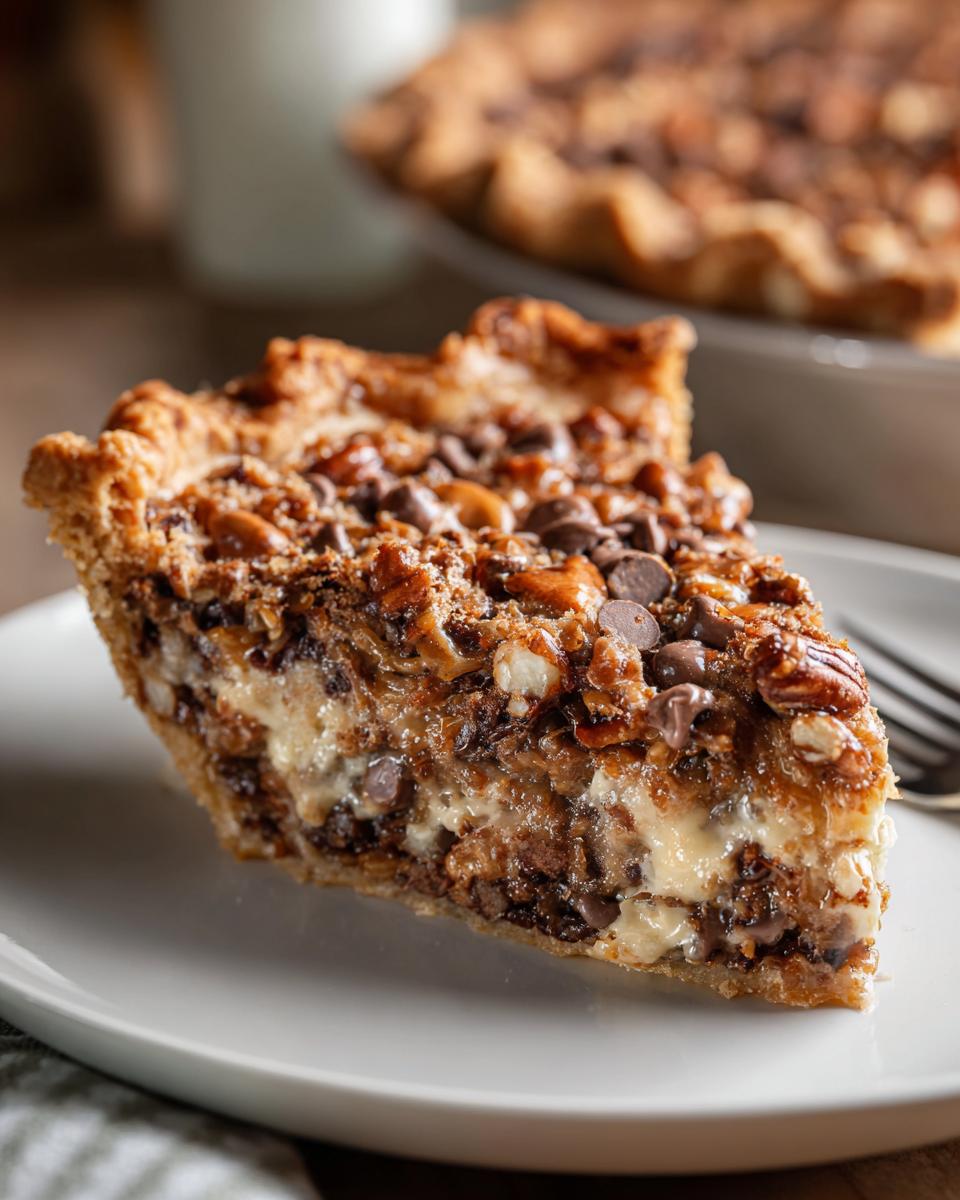 A generous slice of texas trash pie featuring a creamy filling, pecans, and chocolate chips on a white plate.