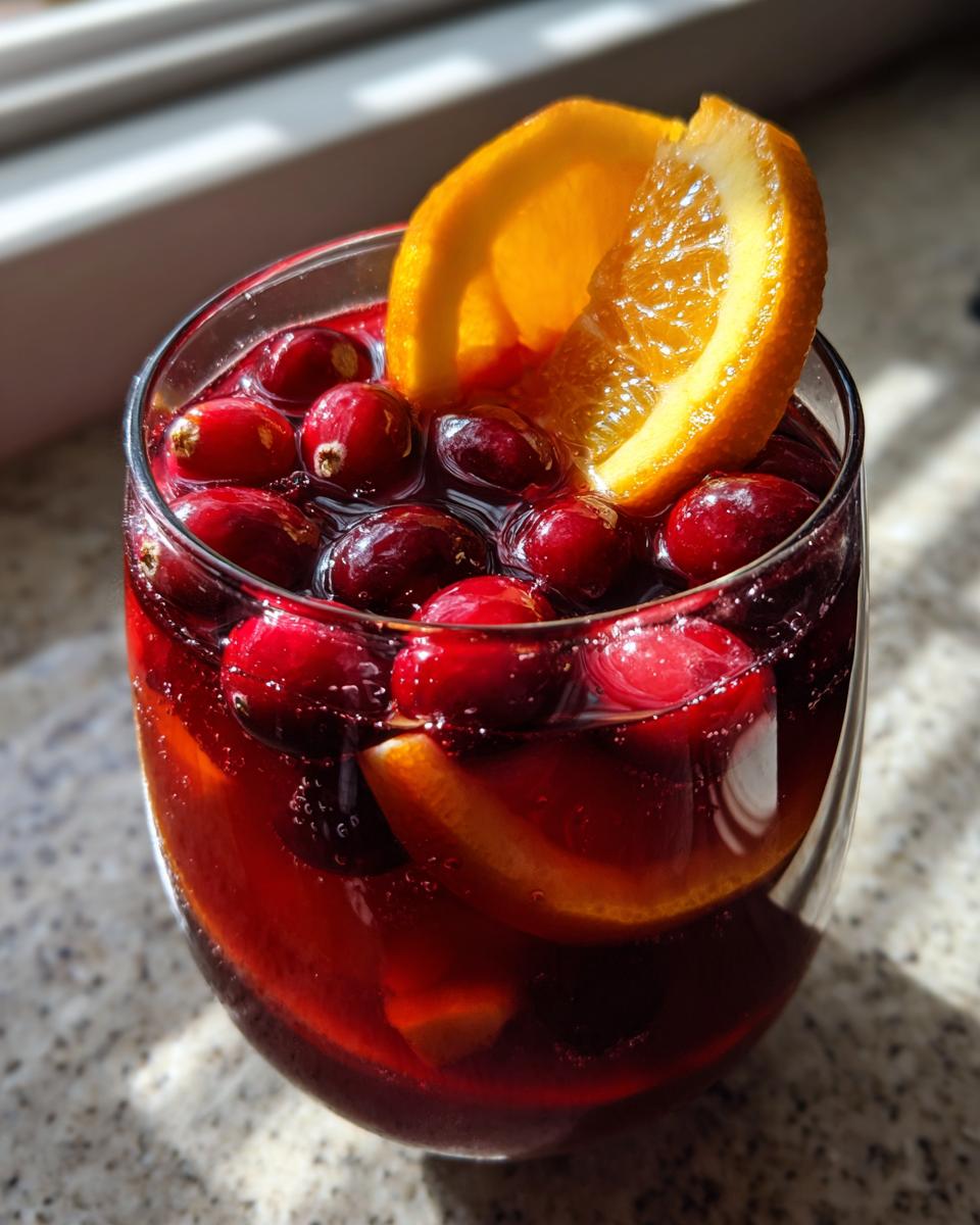 A glass filled with deep red thanksgiving punch, garnished generously with fresh cranberries and an orange slice.