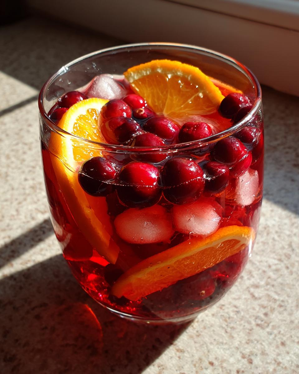 A glass filled with vibrant red Thanksgiving punch, ice cubes, fresh cranberries, and orange slices.