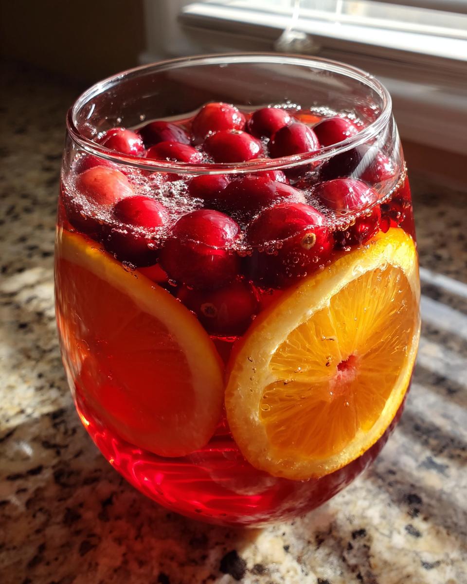 Close-up of a glass filled with bright red Thanksgiving punch, garnished with fresh cranberries and orange slices.