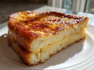 Close-up of a thick, golden-brown slice of easy French toast drizzled with syrup on a white plate.
