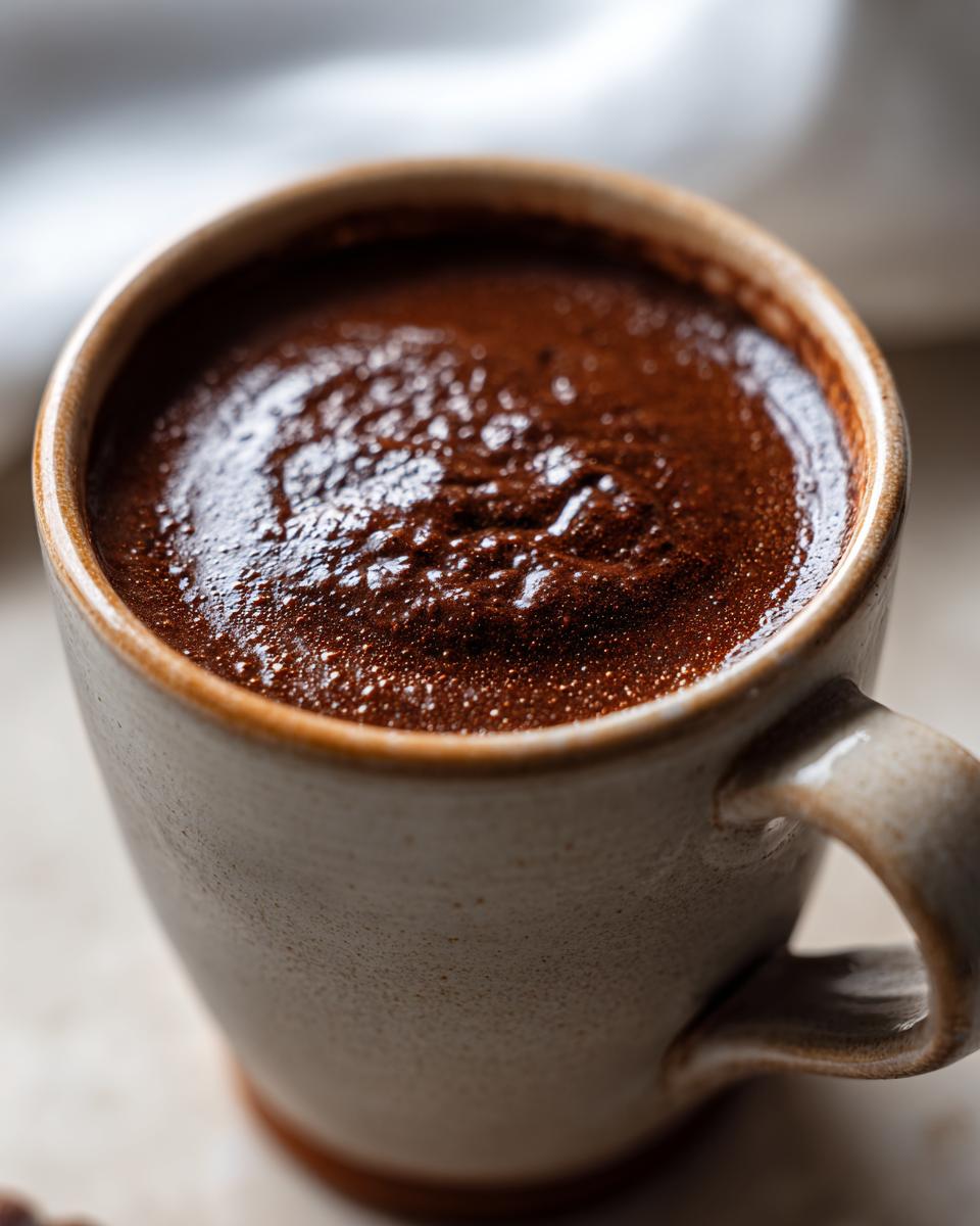Close-up of thick, rich french hot chocolate with a glossy surface in a rustic ceramic mug.