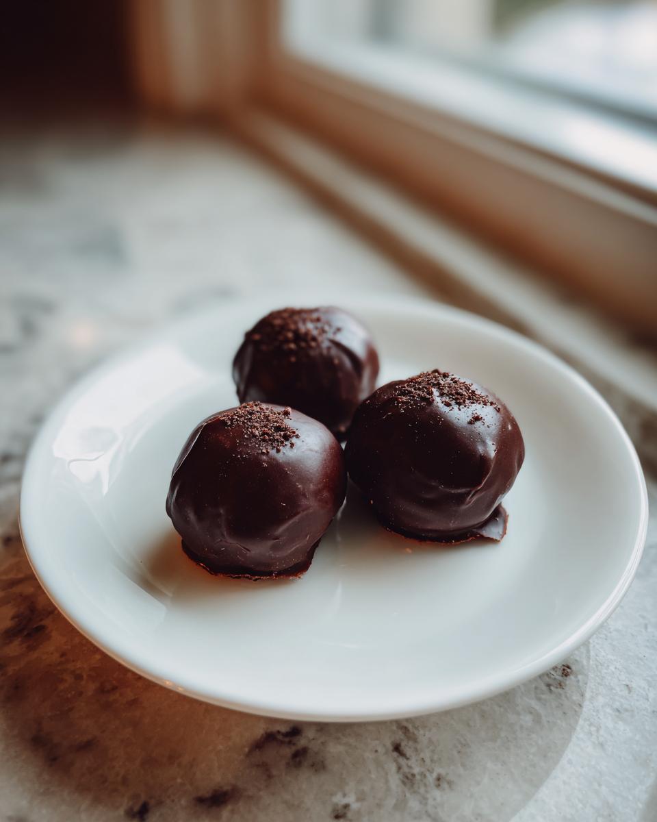 Three decadent, chocolate-covered Oreo balls, sprinkled with crumbs, sitting on a small white plate.