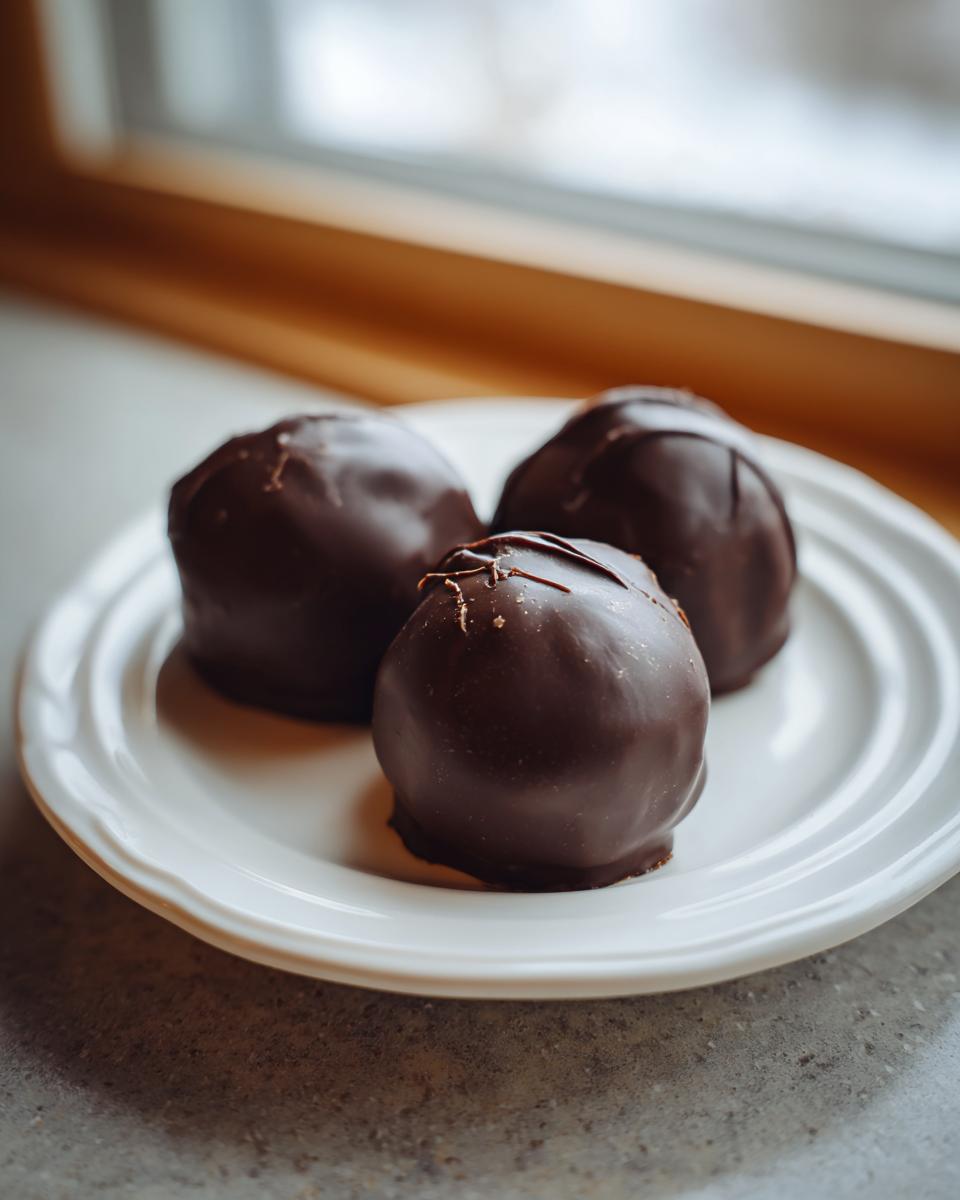 Three decadent chocolate covered Oreo balls resting on a white plate near a window.