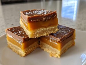 Three square pieces of homemade Twix bars stacked on a white plate, showing shortbread, caramel, and chocolate layers topped with sea salt.