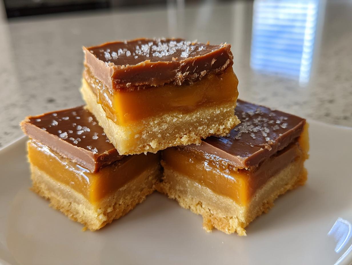 Three square pieces of homemade Twix bars stacked on a white plate, showing shortbread, caramel, and chocolate layers topped with sea salt.