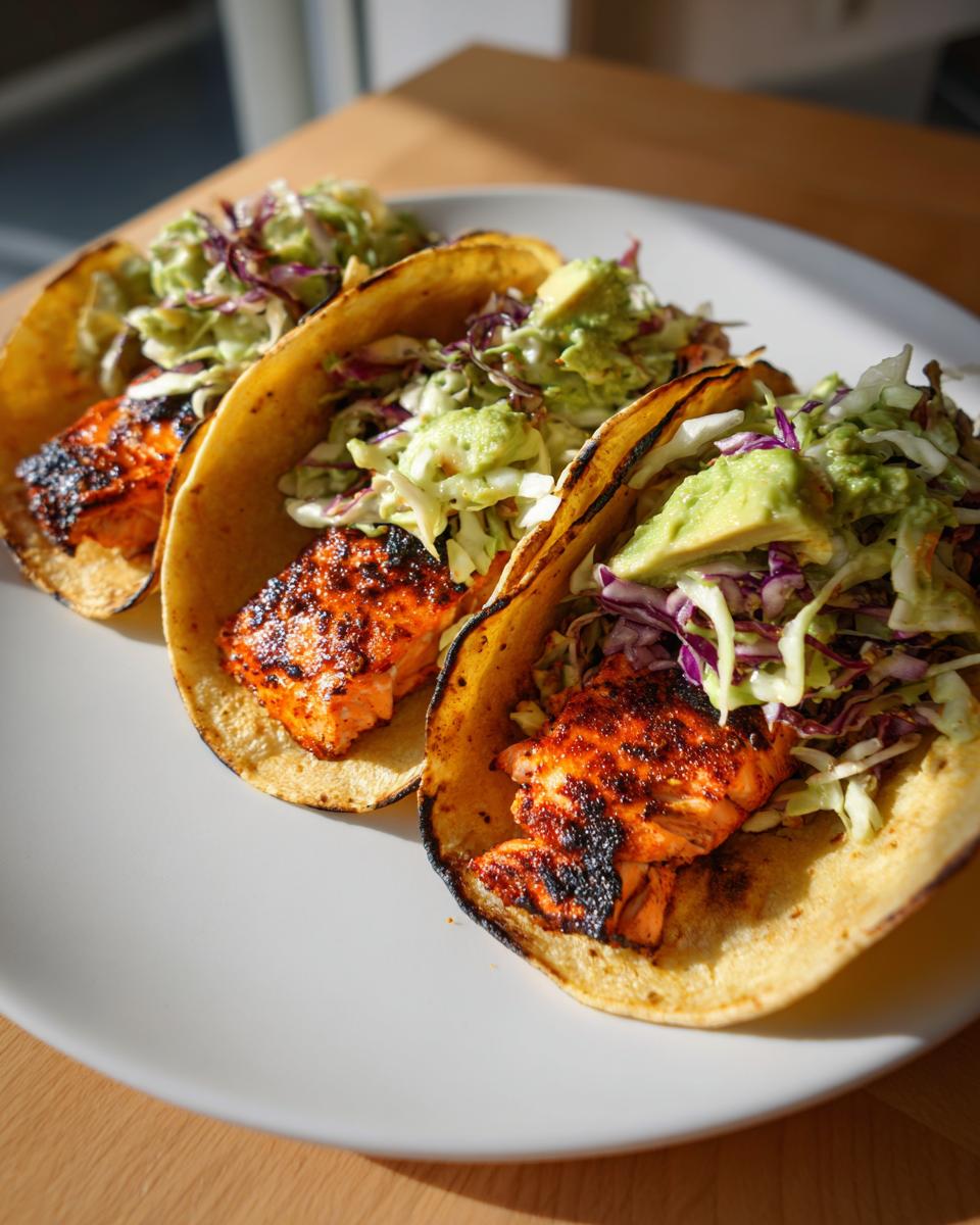 Three fully loaded salmon tacos featuring charred seasoned salmon, crunchy slaw, and avocado on a white plate.