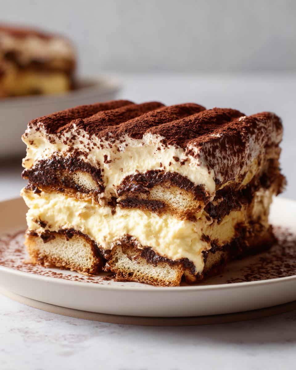 A thick, layered slice of tiramisu cheesecake featuring ladyfingers, creamy filling, and a heavy dusting of cocoa powder.