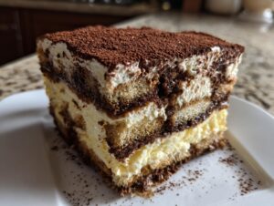 A tall, layered slice of tiramisu cheesecake dusted heavily with cocoa powder, served on a white plate.