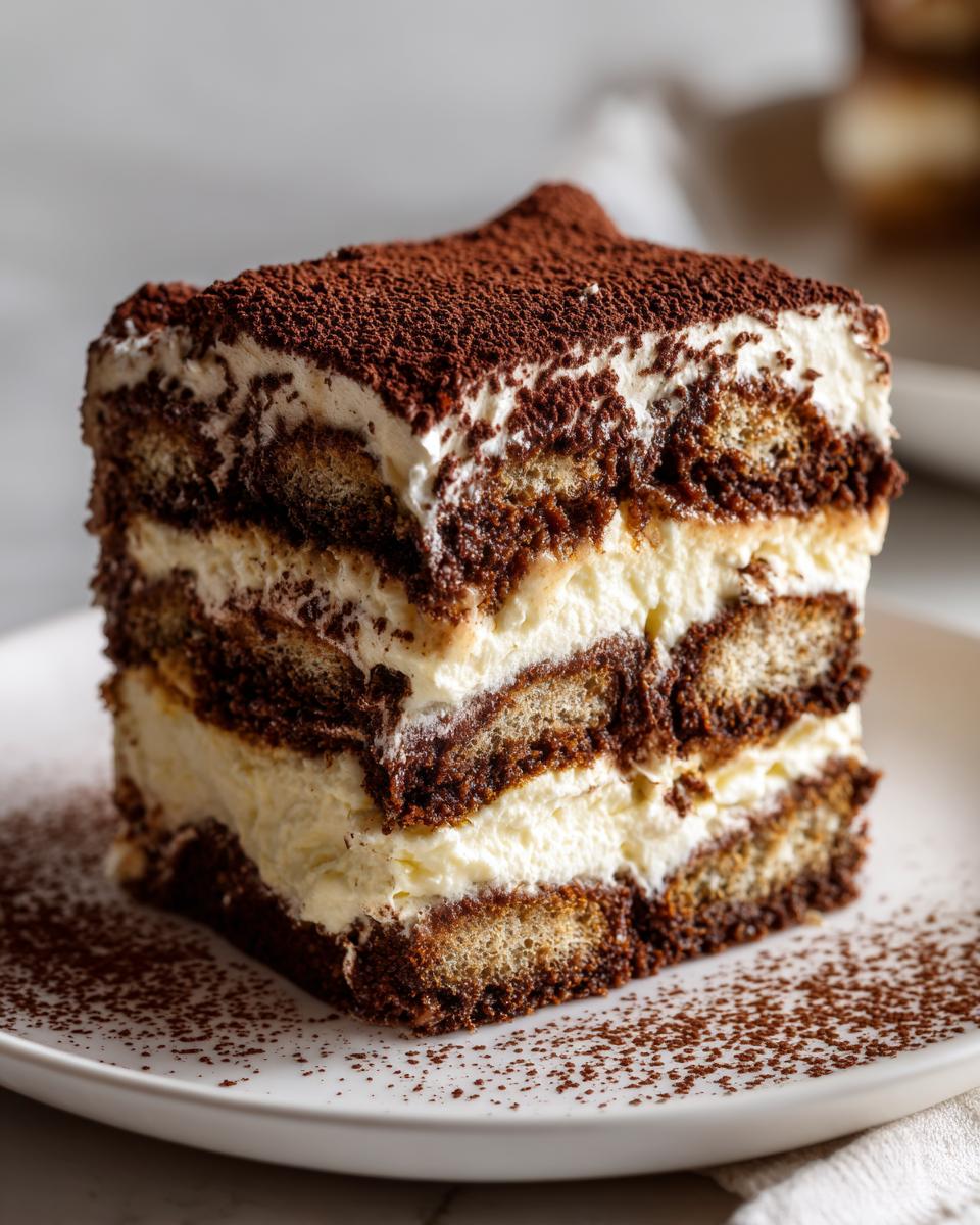 A decadent square slice of tiramisu cheesecake featuring layers of cream and coffee-soaked ladyfingers, topped with cocoa powder.