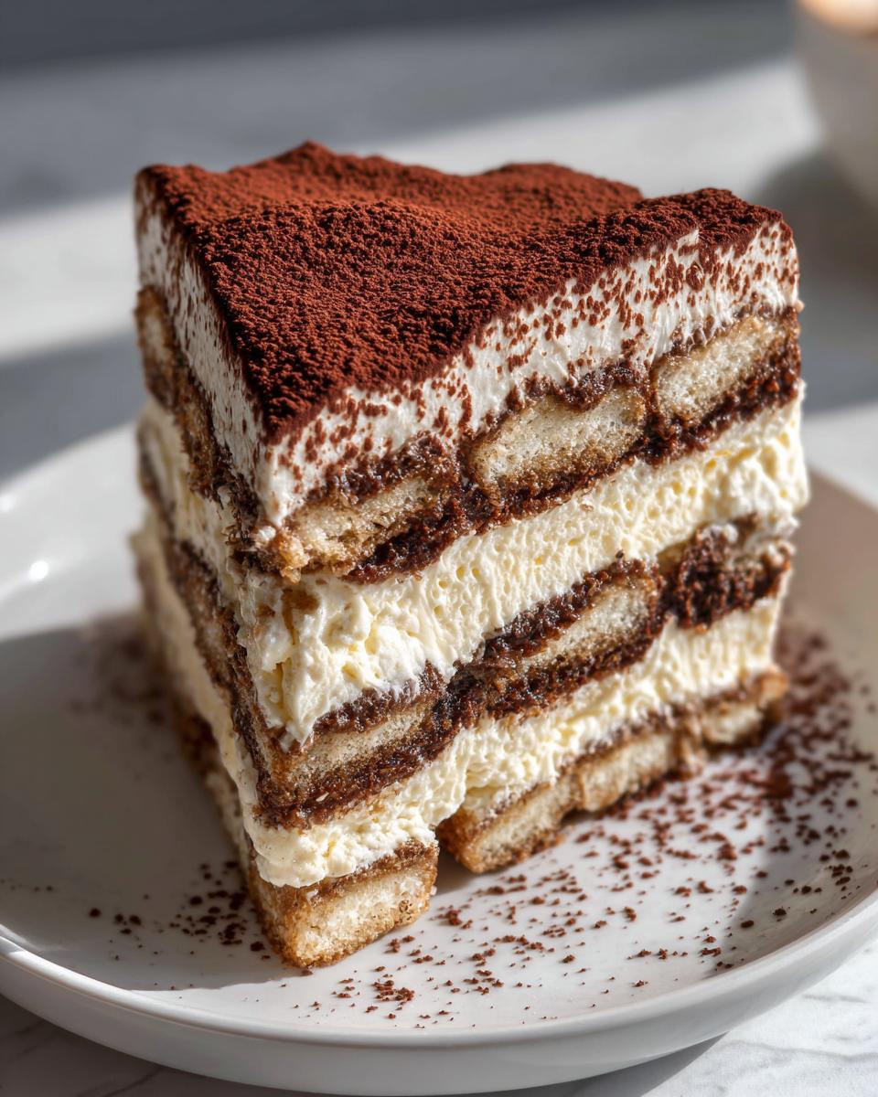 A perfect slice of tiramisu cheesecake featuring layers of ladyfingers, cream, and heavy cocoa powder dusting.