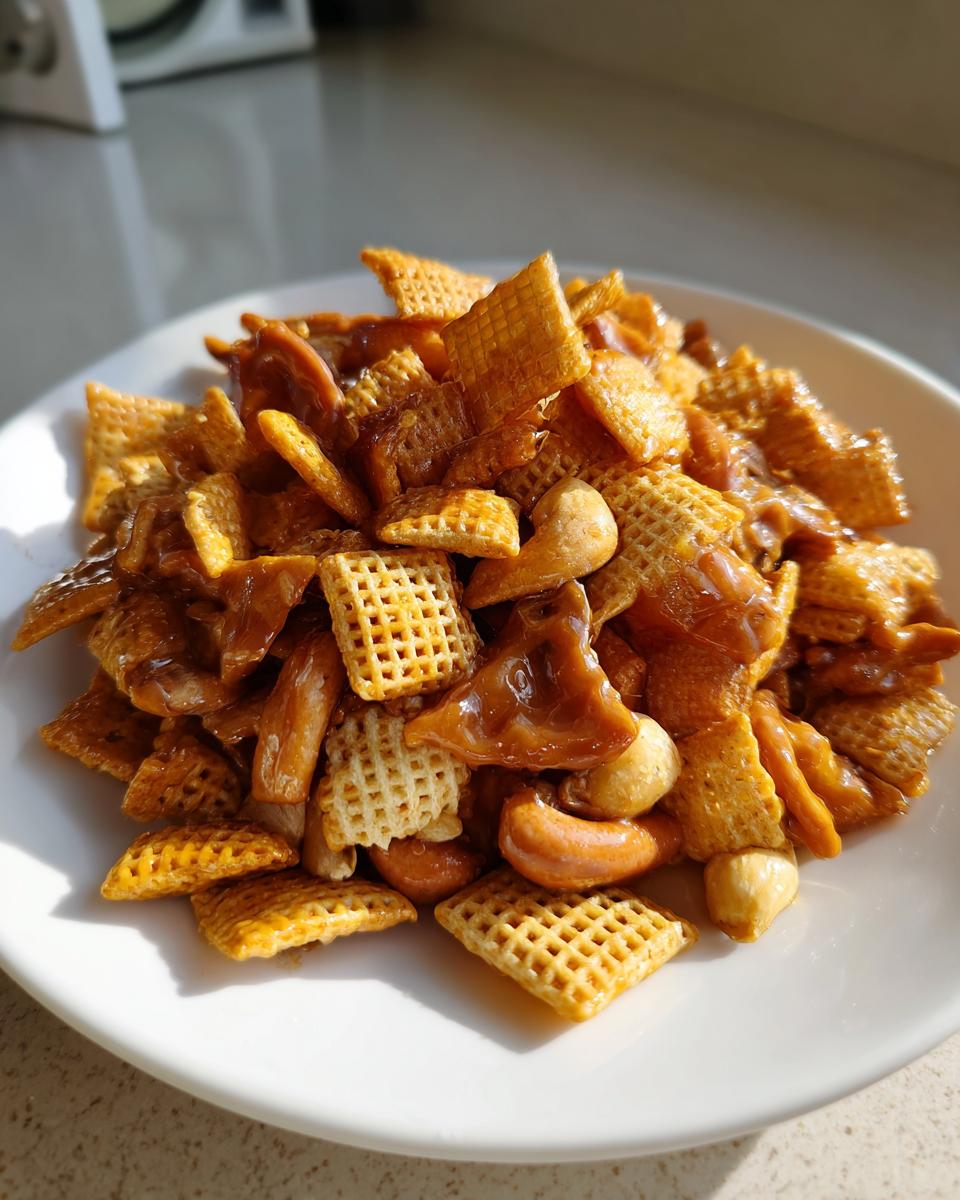 A close-up of a pile of homemade toffee chex mix recipe, featuring glazed square cereal pieces and cashews on a white plate.