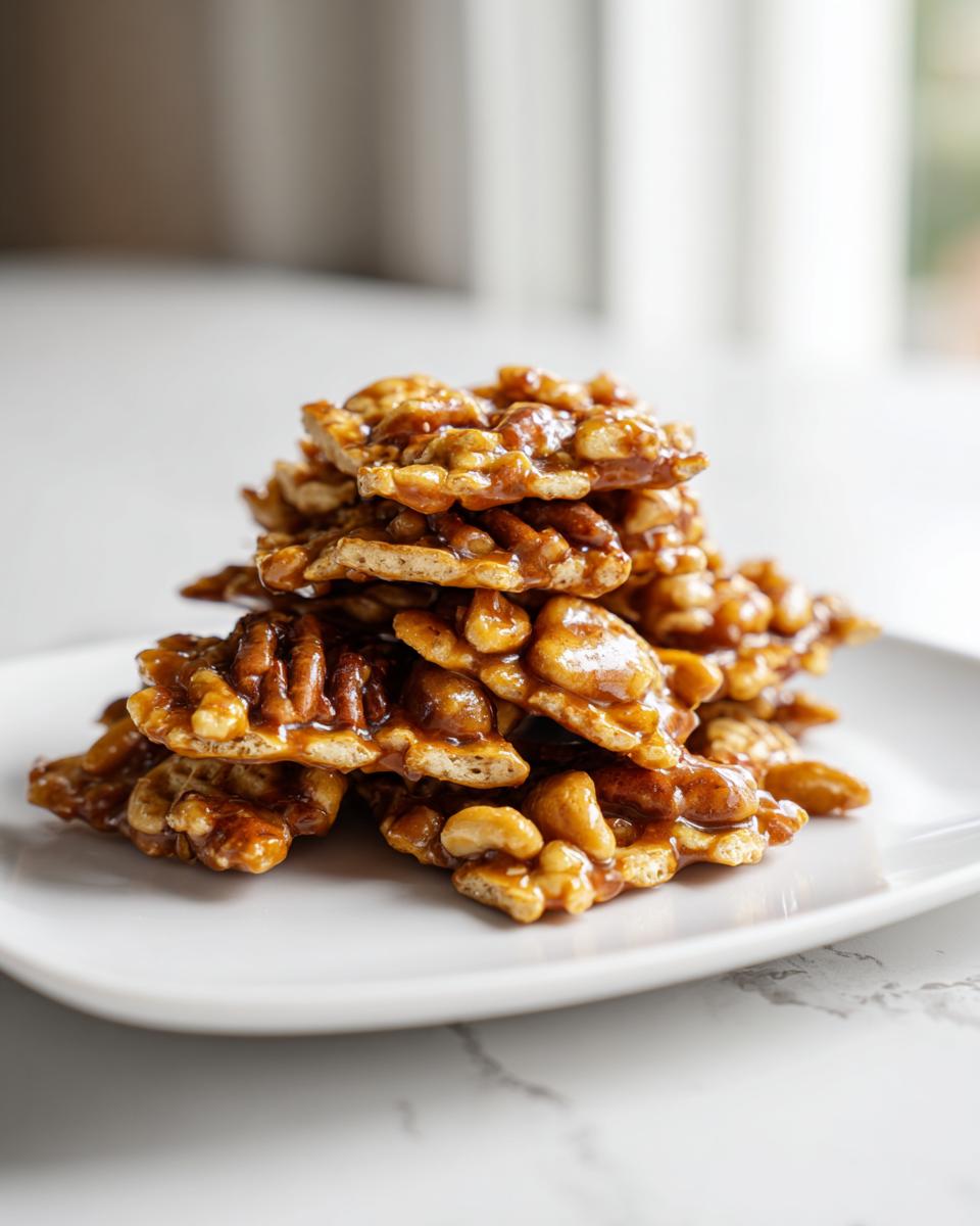 A close-up stack of shiny, caramel-coated clusters from the toffee chex mix recipe, featuring nuts and cereal pieces.