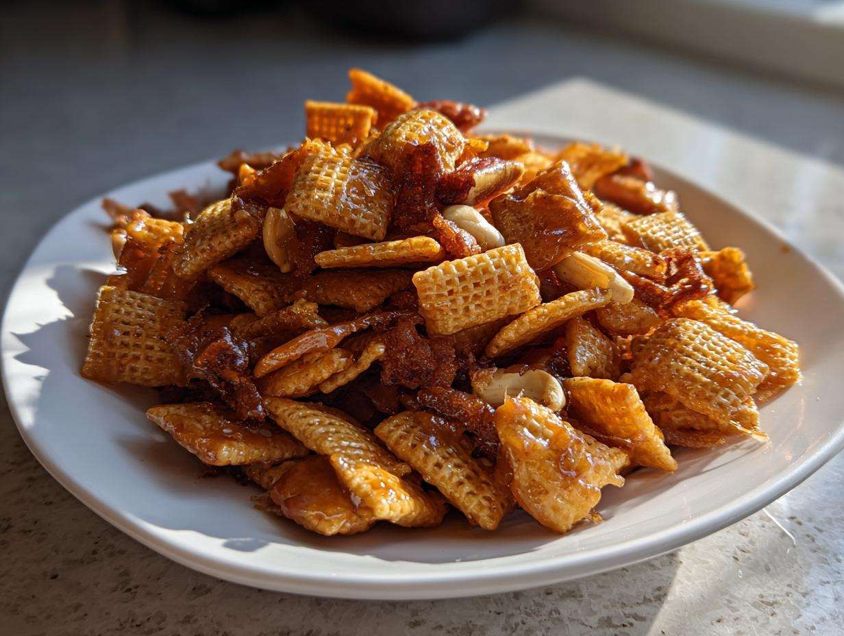 A mound of shiny, glazed toffee chex mix recipe pieces mixed with nuts piled high on a white plate.