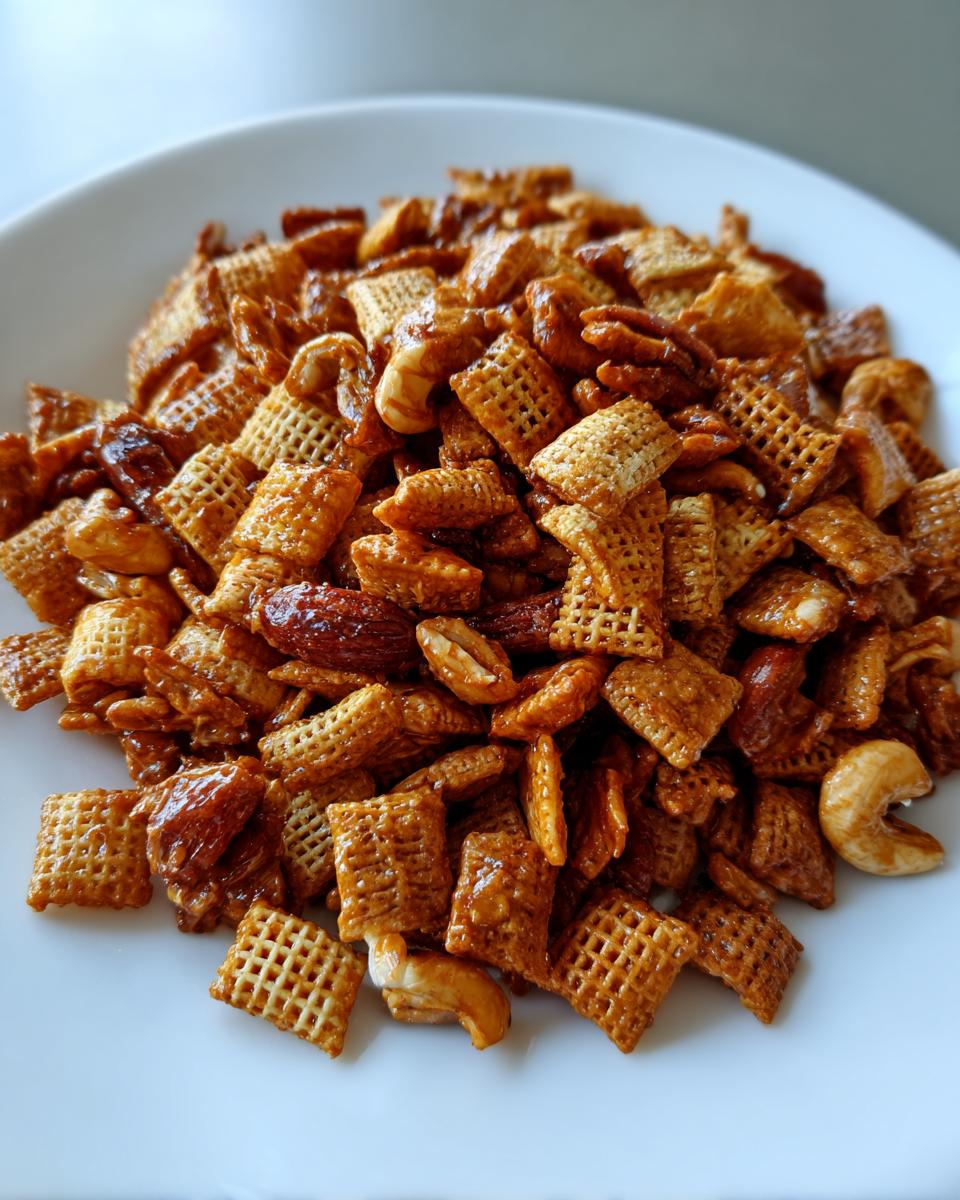 A close-up pile of homemade toffee chex mix recipe featuring glazed square cereal pieces and mixed nuts on a white plate.
