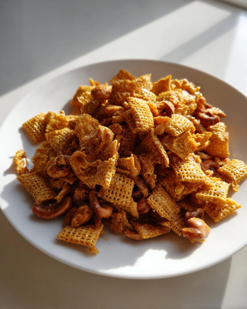 A close-up of a white plate piled high with crunchy, glazed toffee chex mix recipe pieces and cashews.