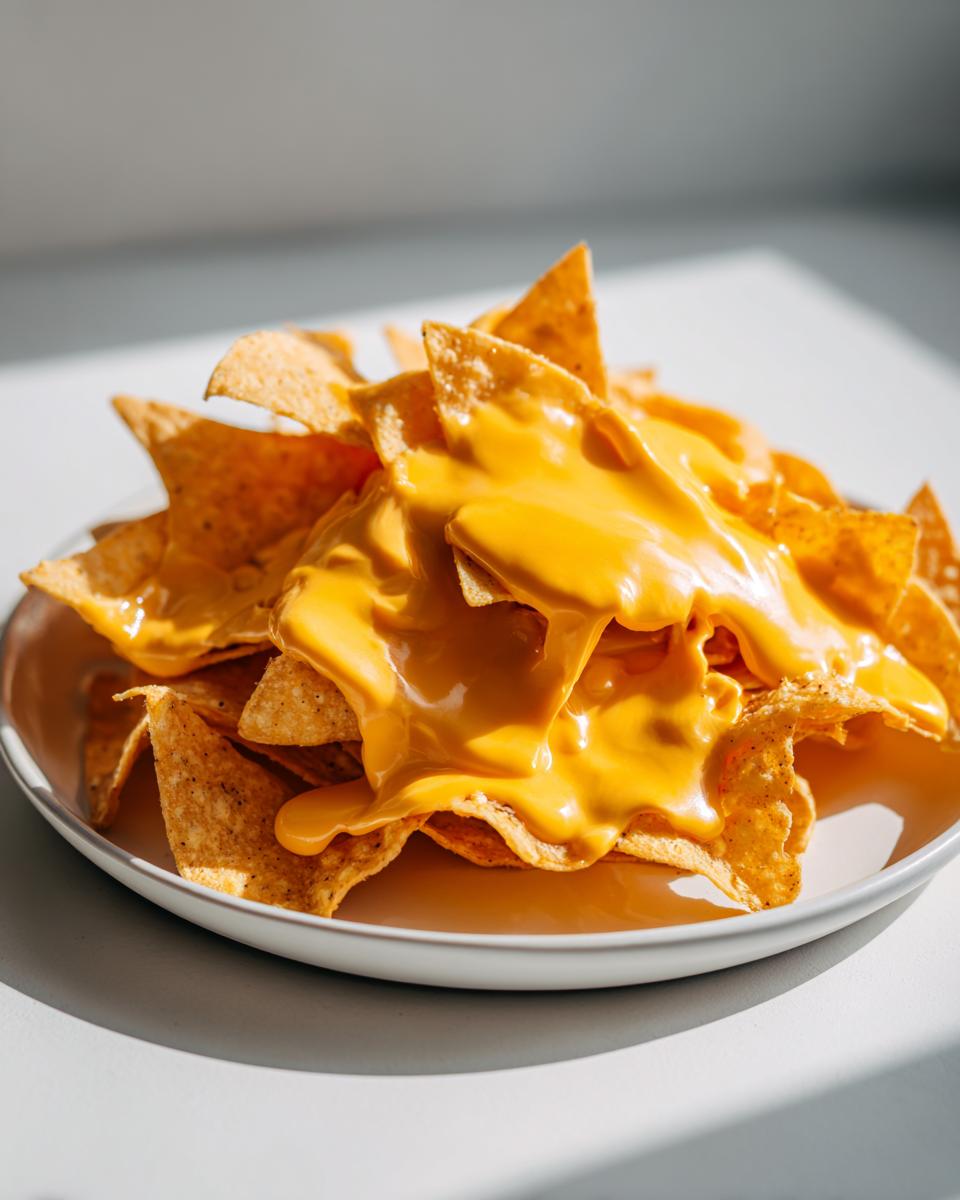 Close-up of tortilla chips generously covered in bright, creamy nacho cheese sauce on a white plate.