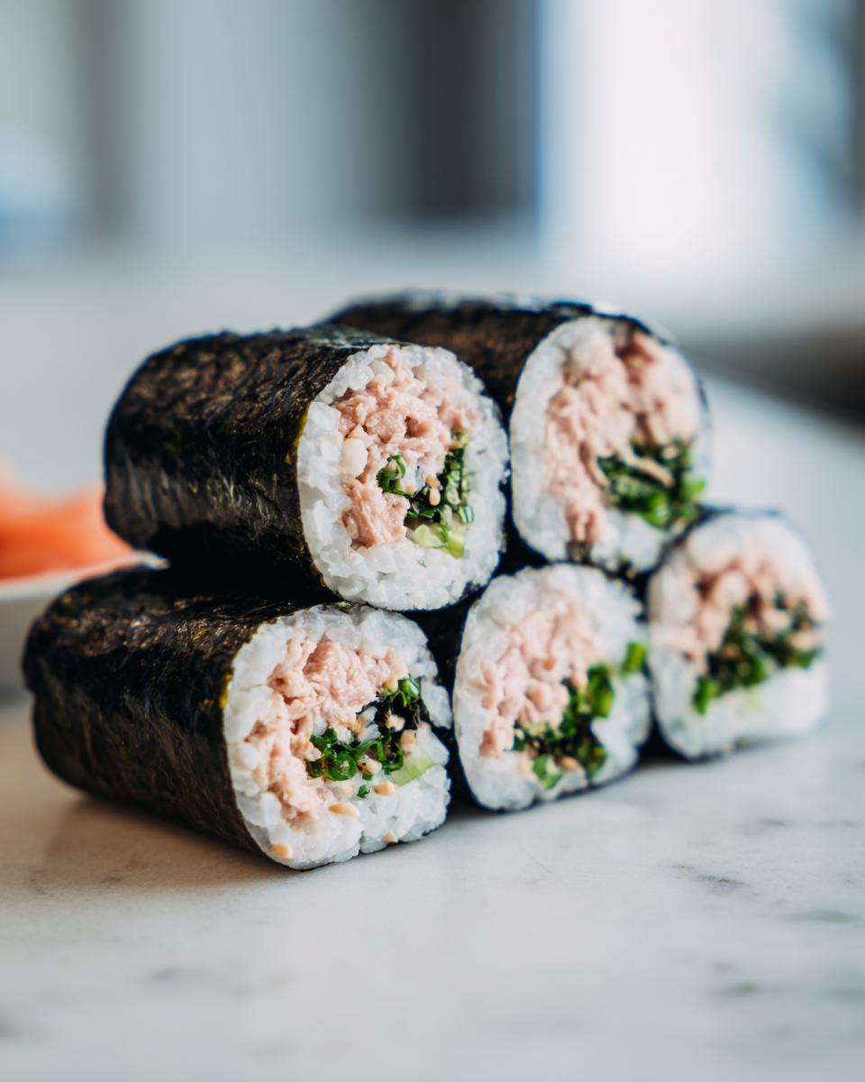 Close-up of five freshly cut tuna kimbap rolls stacked on a white marble surface.