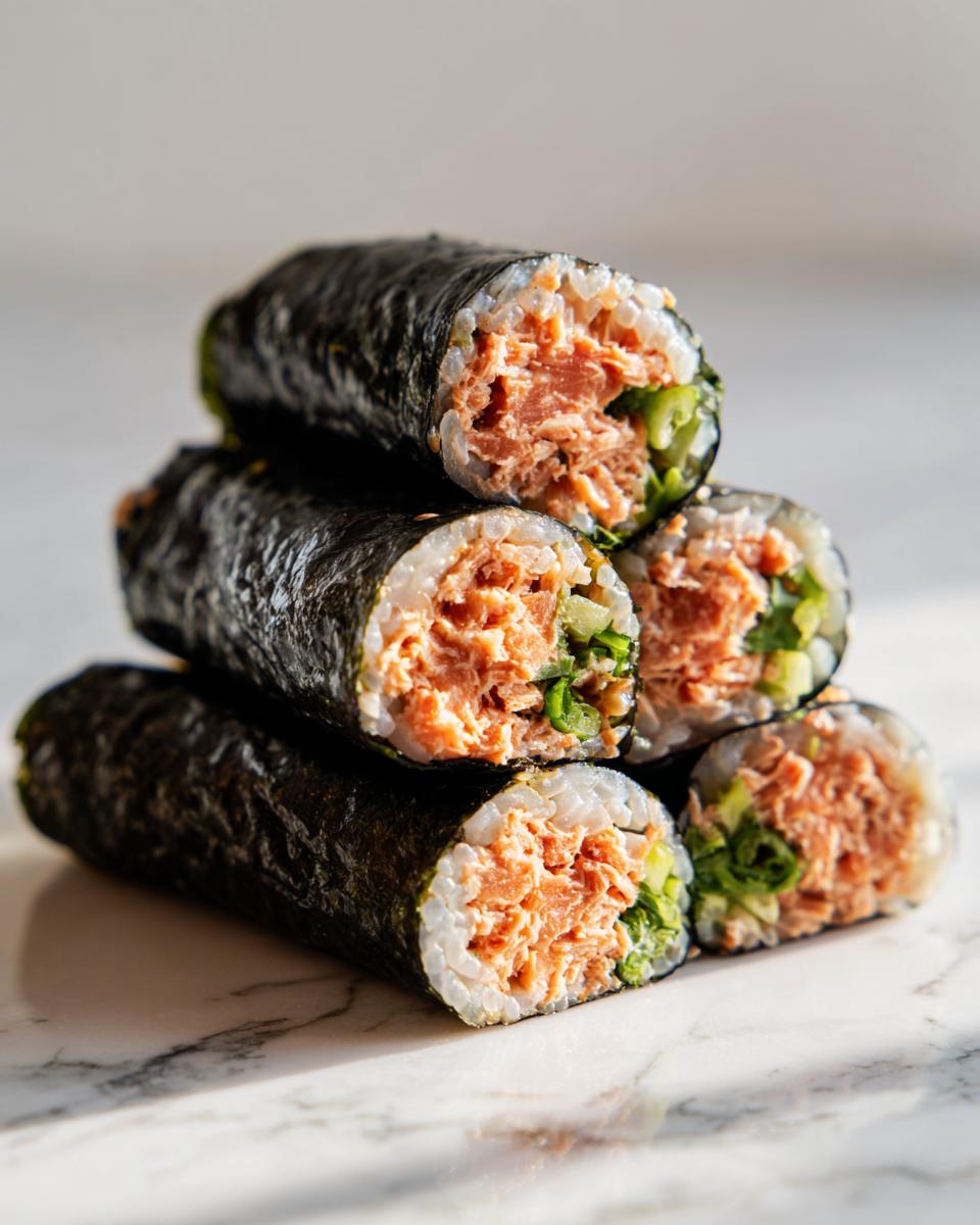 A stack of five thick-cut tuna kimbap rolls showing the filling of seasoned tuna and green vegetables wrapped in nori.