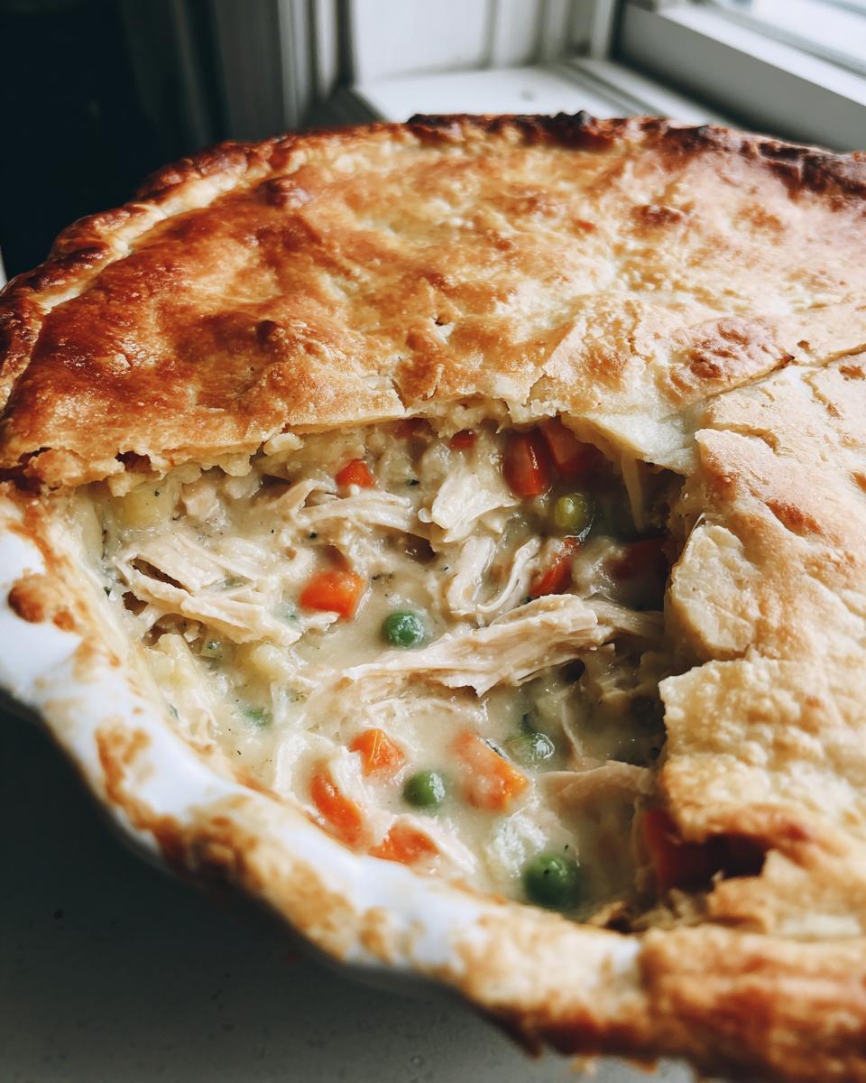 Close-up of a golden-crusted turkey pot pie recipe with creamy filling, shredded turkey, carrots, and peas visible.