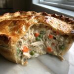 Close-up of a freshly baked turkey pot pie recipe with a piece removed, showing shredded turkey, carrots, and peas in a creamy sauce under a golden crust.