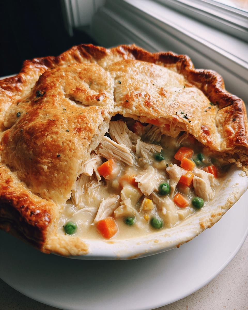 Close-up of a freshly baked turkey pot pie recipe with a golden crust broken open, revealing creamy filling, shredded turkey, peas, and carrots.