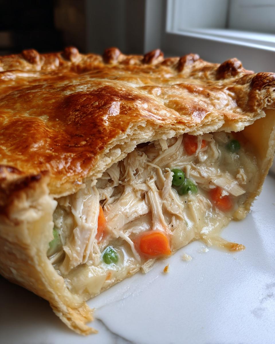 Close-up cross-section of a golden brown turkey pot pie recipe showing shredded turkey, carrots, and peas in creamy sauce.