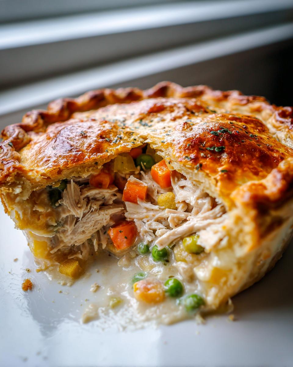 Close-up of a freshly baked turkey pot pie recipe slice showing shredded turkey, peas, and carrots in creamy sauce under a flaky golden crust.
