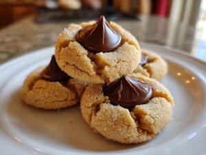 A stack of three classic peanut butter blossom cookies, featuring a chocolate kiss pressed into the center of each sugar-coated cookie.