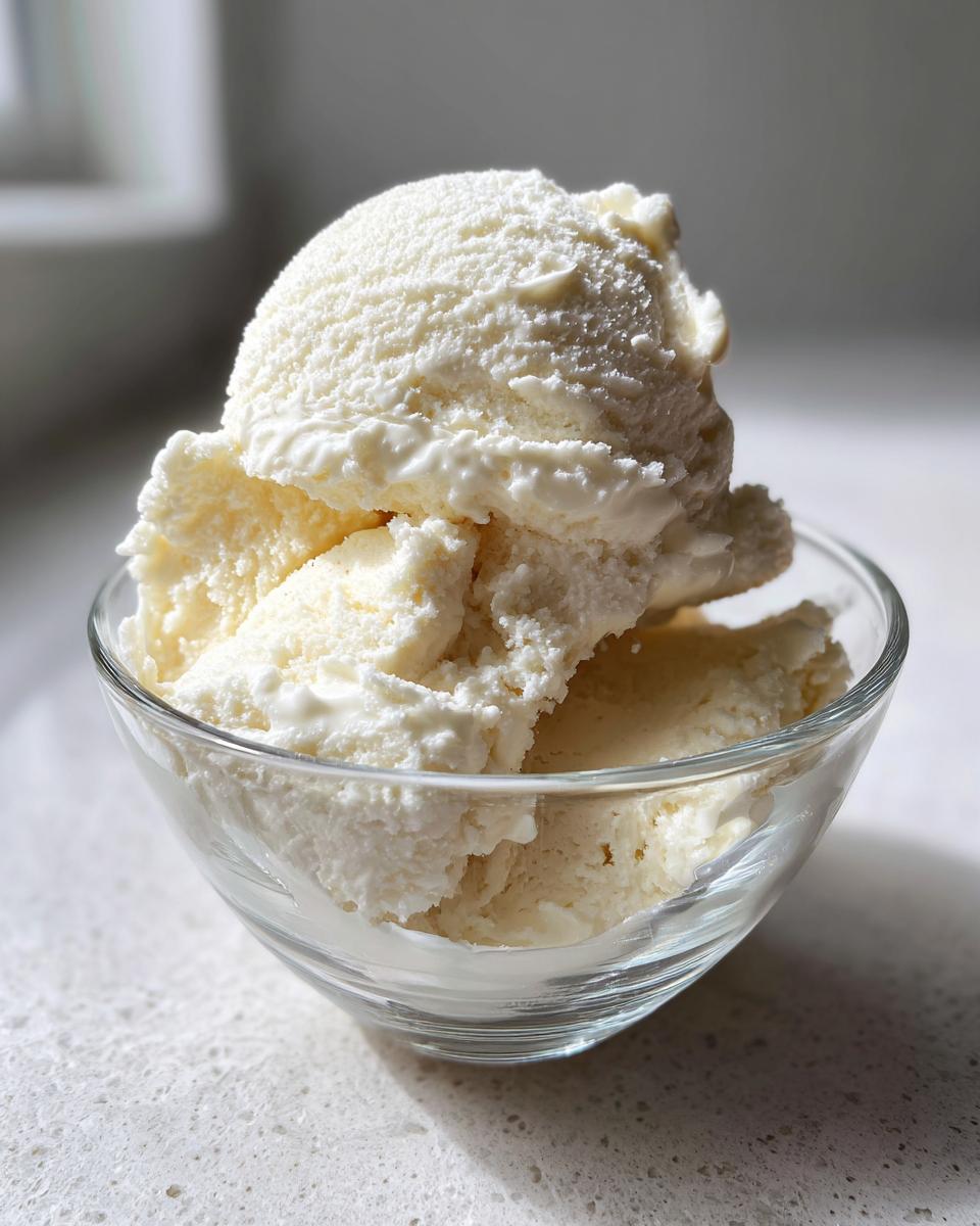 Close-up of several scoops of creamy white protein ice cream served in a small, clear glass bowl.