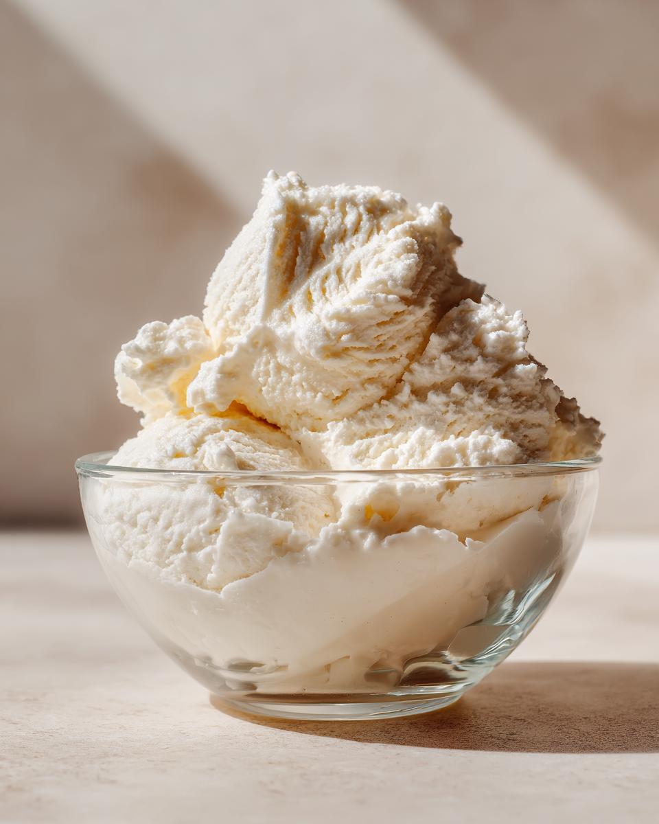 A generous serving of creamy, white protein ice cream scooped high in a clear glass bowl.