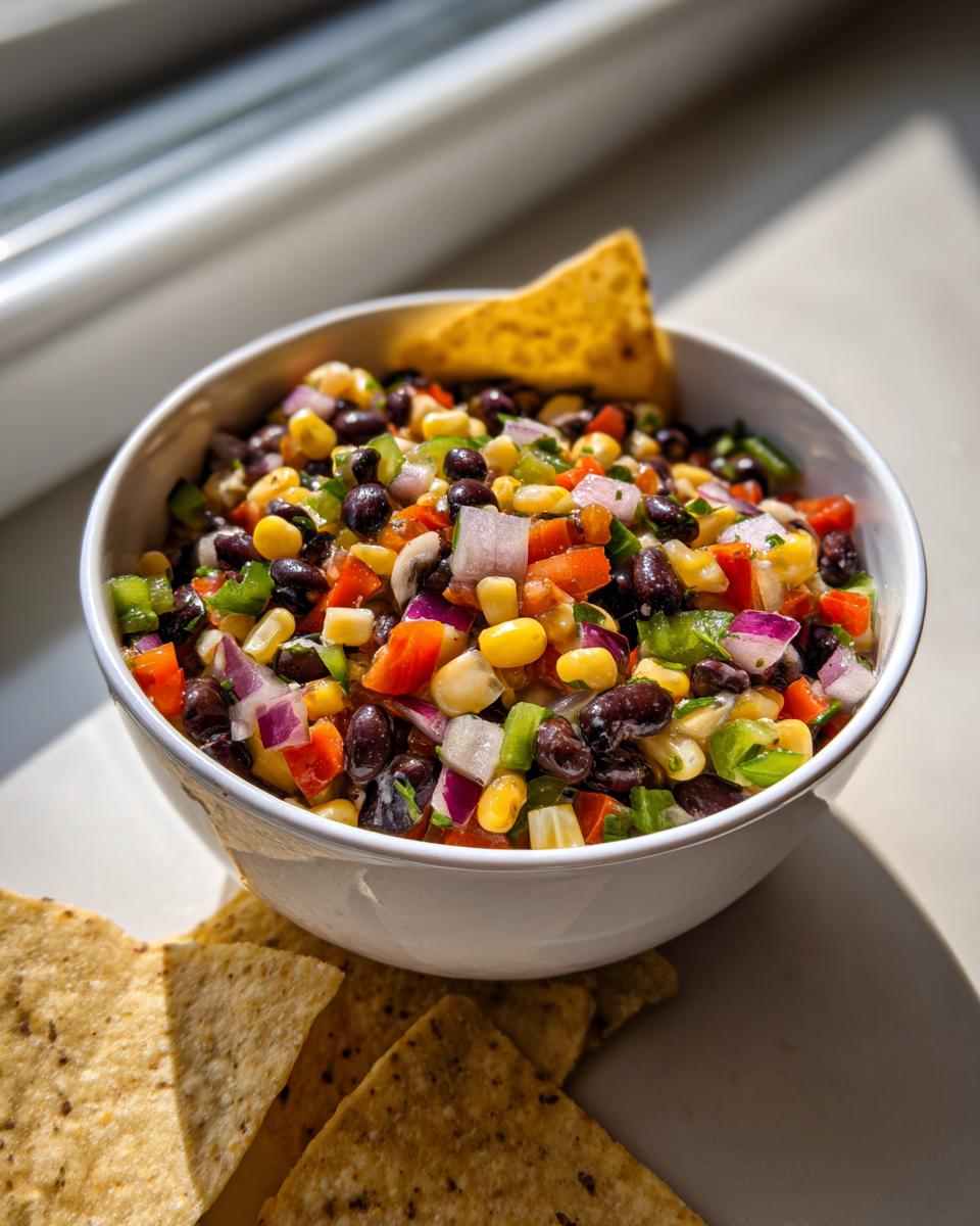 A white bowl filled with colorful cowboy caviar, featuring black beans, corn, peppers, and red onion, served with tortilla chips.